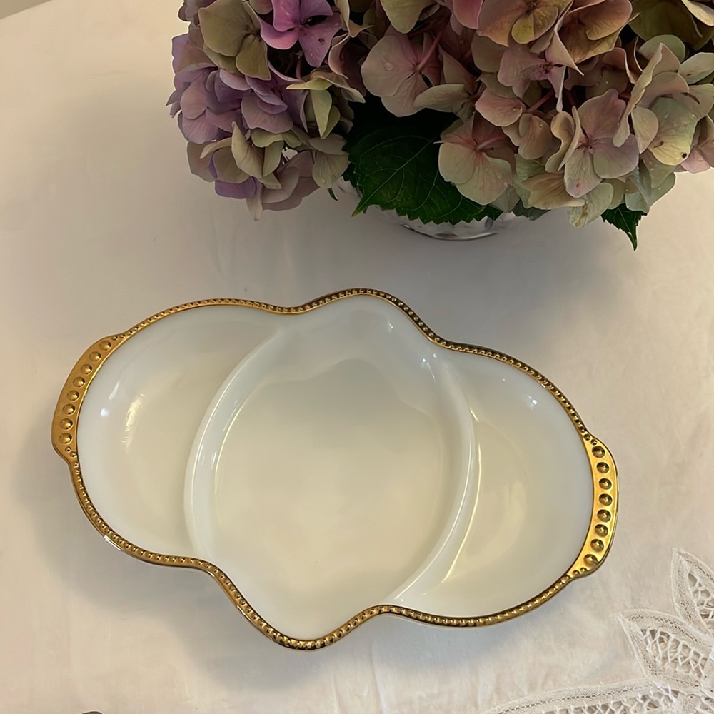 anchor hocking fire king milk glass dish with gold trip